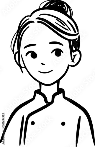 Hand Drawn Woman as Chef Black and White Avatar Illustration in Minimal Line Art Style Design