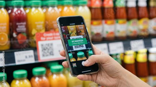 Person Scanning QR Code on Supermarket Shelf with Phone