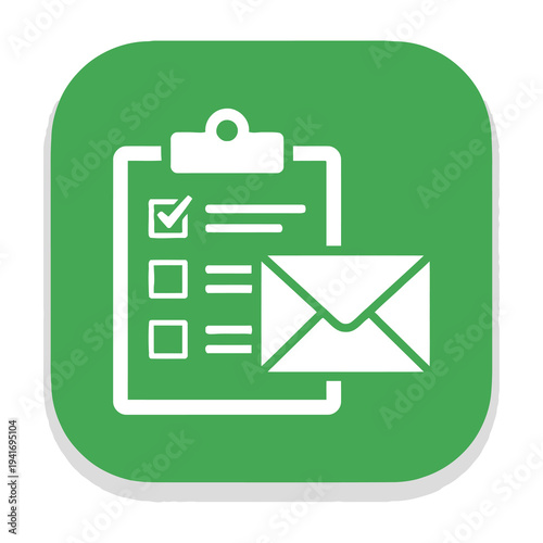 Green icon checklist with clipboard and envelope symbolizing task completion and communication on a white background with soft shadow