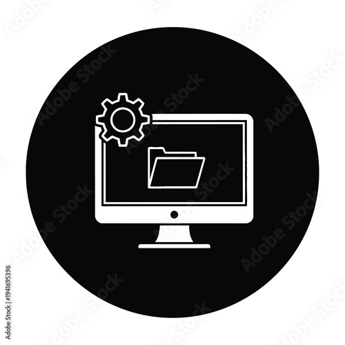 Computer monitor displaying file folder with settings gear icon for data management and system configuration