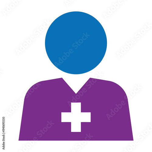 Medical professional icon with purple shirt and white cross on white background for healthcare and medical services