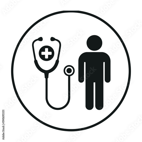 Simple black and white medical icon showing a stethoscope and human figure together in a circular frame symbolizing healthcare and medical examination