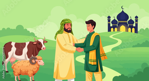 Two men in traditional attire shaking hands in a serene landscape with livestock and a majestic mosque in the background, depicted in a vibrant illustration.
