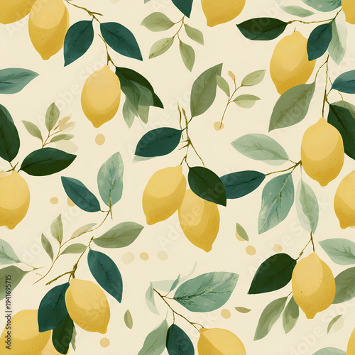 Minimalist lemon seamless pattern with olive branches on off white Mediterranean kitchen textile design