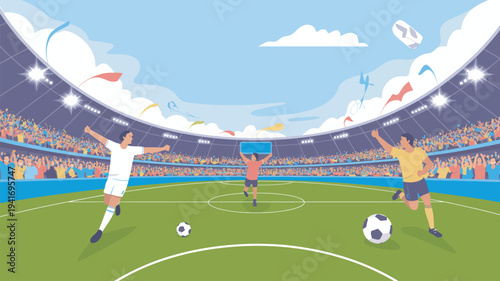 A cartoon illustration of soccer players kicking balls on a green field in a packed stadium with spectators and flags