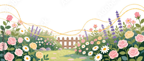 Whimsical Garden Border With Roses Daisies Lavender And Golden Chains flowers floral.