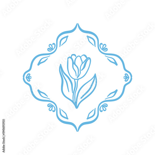 Delicate vintage blue illustration of hand drawn tulip blossom in ornate diamond frame. Elegant line art sketch flower perfect for minimalist branding, floral logos, or spring stationery. Vector