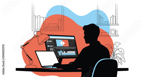 Vector silhouette of man working on computer with lamp and plant