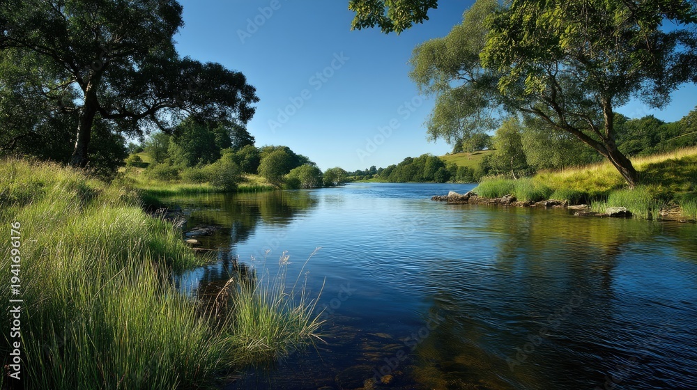 Fototapeta premium A serene river flowing through a lush, green landscape with trees and grass on both sides.