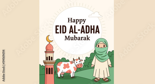Festive Eid al-Adha Mubarak greeting card illustration showing a happy Muslim girl, a cow, and a mosque, perfect for celebrating the Islamic holiday