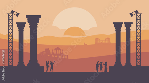 A serene landscape of ancient ruins at sunset with people in silhouette