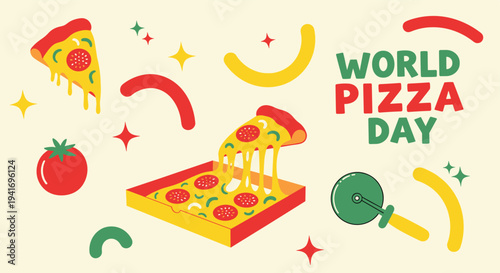 Pizza slices and box with cutter celebrating World Pizza Day playful flat design for food blogs and social media