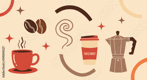 Coffee elements illustration with abstract shapes and stars flat design graphic for cafe branding or menu design