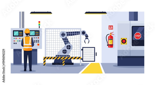 Smart Factory Automation: Worker Monitors Robotic Arm Production via Control Panel, Emphasizing Industrial Safety & Technology