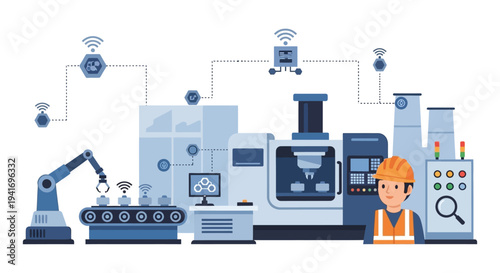 Industry 4.0 Smart Factory Automation: Robotic Production, IoT Connectivity, and Human Supervision in Modern Manufacturing Technology