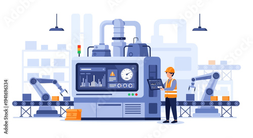 Engineer Managing Automated Smart Factory Production Line with Robotic Arms & Real-time Data Monitoring