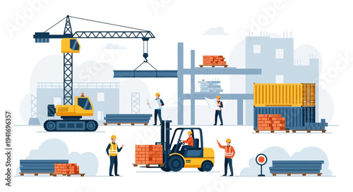 Construction Site Building Development with Crane, Forklift, and Workers. Flat Vector Illustration of Engineering and Teamwork in Progress.