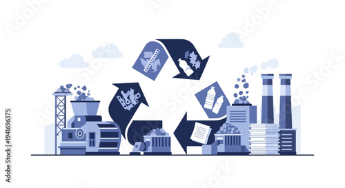 Industrial Recycling Process: Waste Management, Plastic & Paper Reutilization, and Circular Economy for Sustainable Future