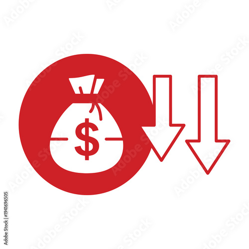 Money bag with dollar sign and downward arrows indicating financial loss or decrease in wealth