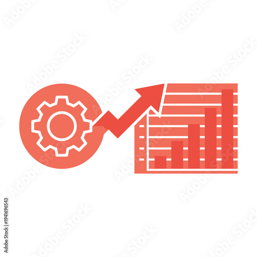Red gear icon transforming into rising graph on white background symbolizing progress and growth in business and technology