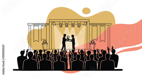 Vector illustration of people watching a presentation on stage