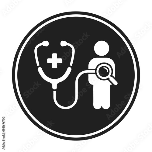 Medical examination icon with stethoscope and magnifying glass on patient in black circle simple white graphics health checkup concept