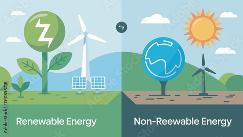 An infographic comparing renewable and non-renewable energy sources with a split earth illustration