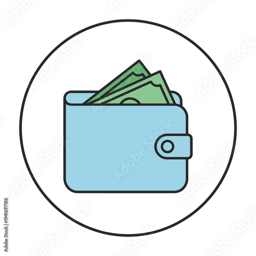 Light blue wallet with green cash money in a circular icon