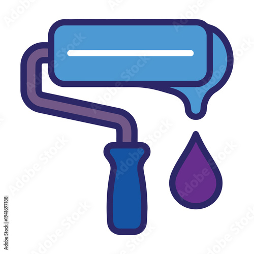 Paint roller with blue paint and purple droplet on white background for diy and construction concepts