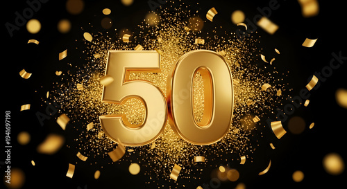 A dazzling, golden three-dimensional number 50 glows brightly. It stands on a reflective dark surface with radiant light beams illuminating the background.

