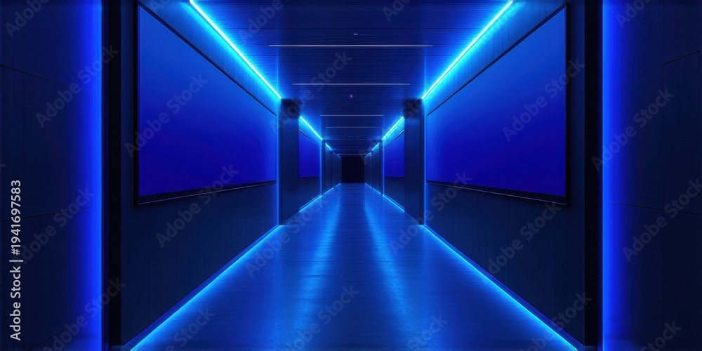 Fototapeta premium Long corridor features bright blue lighting. Walls recede into darkness, creating dramatic perspective. Minimalist design emphasizes linear geometry.