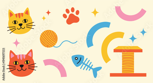 Cute cat faces and pet accessories scattered on a light background in flat cartoon style for children's designs
