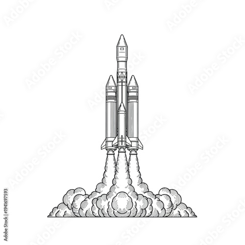 Heavy lift rocket launch with smoke clouds vintage engraving line art vector illustration
