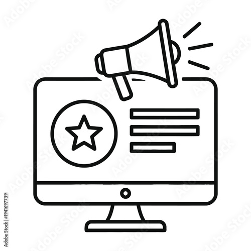 Computer monitor with megaphone announcing promotion or alert on screen display