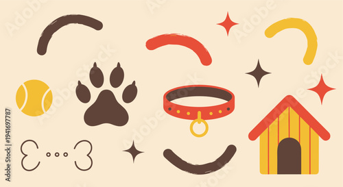 Dog accessories collection with paw print and dog house in a charming doodle style for pet shop branding