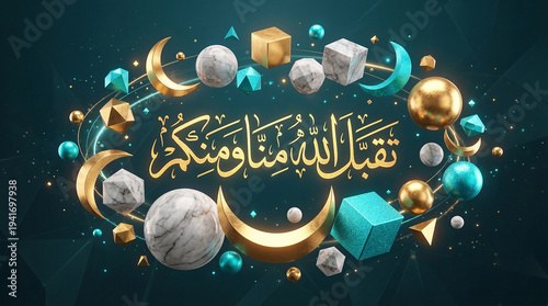Islamic Design: A captivating Islamic design, with golden text in the center and decorative elements, is perfect for conveying themes of Islamic events.
