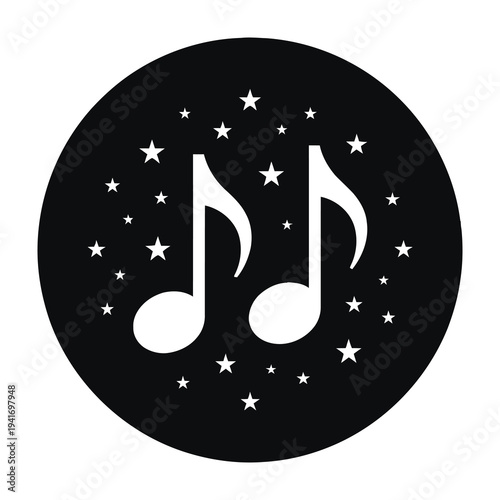 Black circle with white musical notes and stars on white background symbolizing harmony and melody in a minimalist design