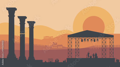 An illustration of ancient columns and a stage at sunset with a vibrant orange sky