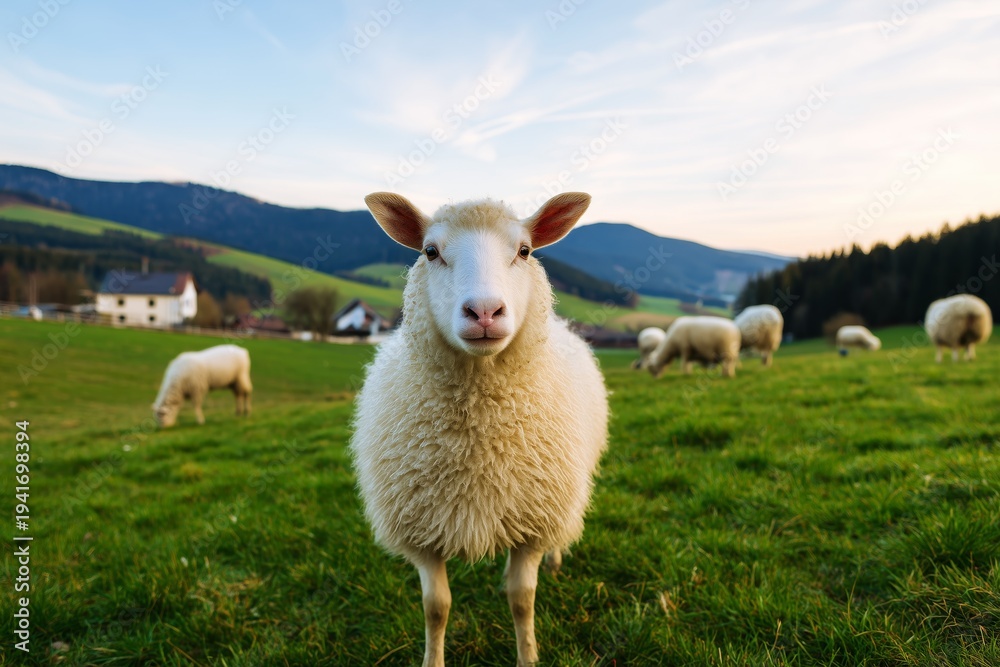 Fototapeta premium Curious Sheep in a Lush Green Pasture. Fluffy sheep standing in a vibrant green pasture with a grazing flock and rolling mountains in the background, rural landscape.