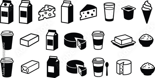 Dairy Food and Beverage Icon Set Including Milk Carton, Cheese, Yogurt, Butter, Coffee Cup and Ice Cream Vector