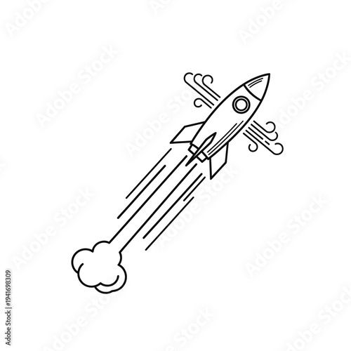 Rocket ship launching minimalist line art outline for business startup concept vector illustration