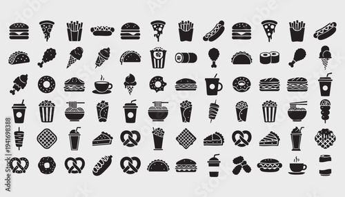 Large Set of Fast Food and Junk Food Solid Vector Icons
