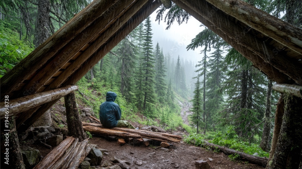 custom made wallpaper toronto digitalA solitary figure sits within a rustic, wooden shelter nestled deep in a misty forest.