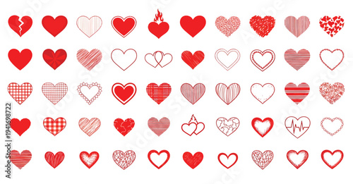Set of 50 Red Heart Icons Vector Collection for Love, Romance, Valentine's Day, and Wedding Designs, Featuring Solid, Outline, Broken, and Patterned Hearts