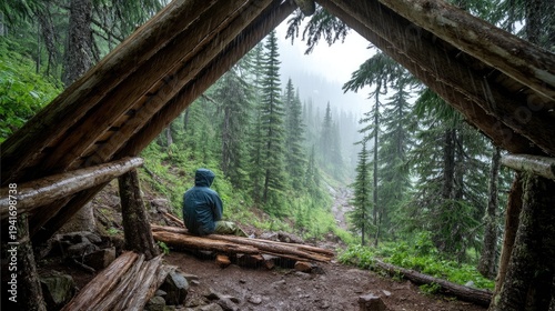 Wallpaper Mural A solitary figure sits within a rustic, wooden shelter nestled deep in a misty forest. Torontodigital.ca