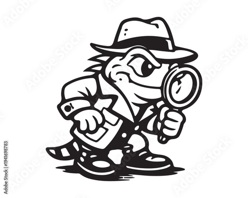 Cartoon Detective Mascot Character with Magnifying Glass Black White Illustration Vector Graphic