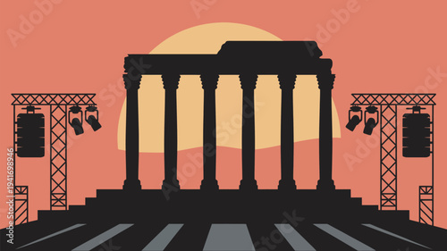 A stylized illustration of an ancient temple at sunset with stage lighting