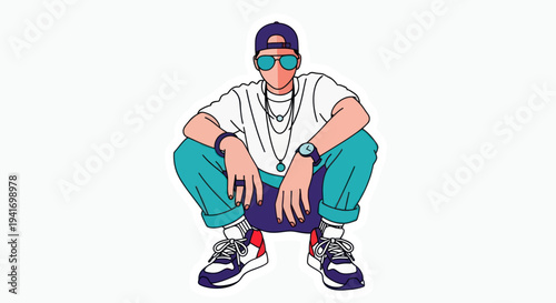 Man Sitting Crouching Cartoon Character Illustration.