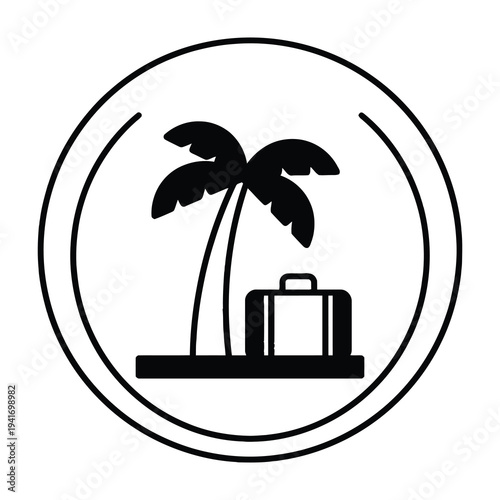 Travel concept with palm tree and suitcase in simple black icon on white background representing vacation and adventure