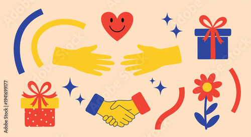 Hands reaching and shaking with gifts and heart on peach background flat design illustration for charity and celebration